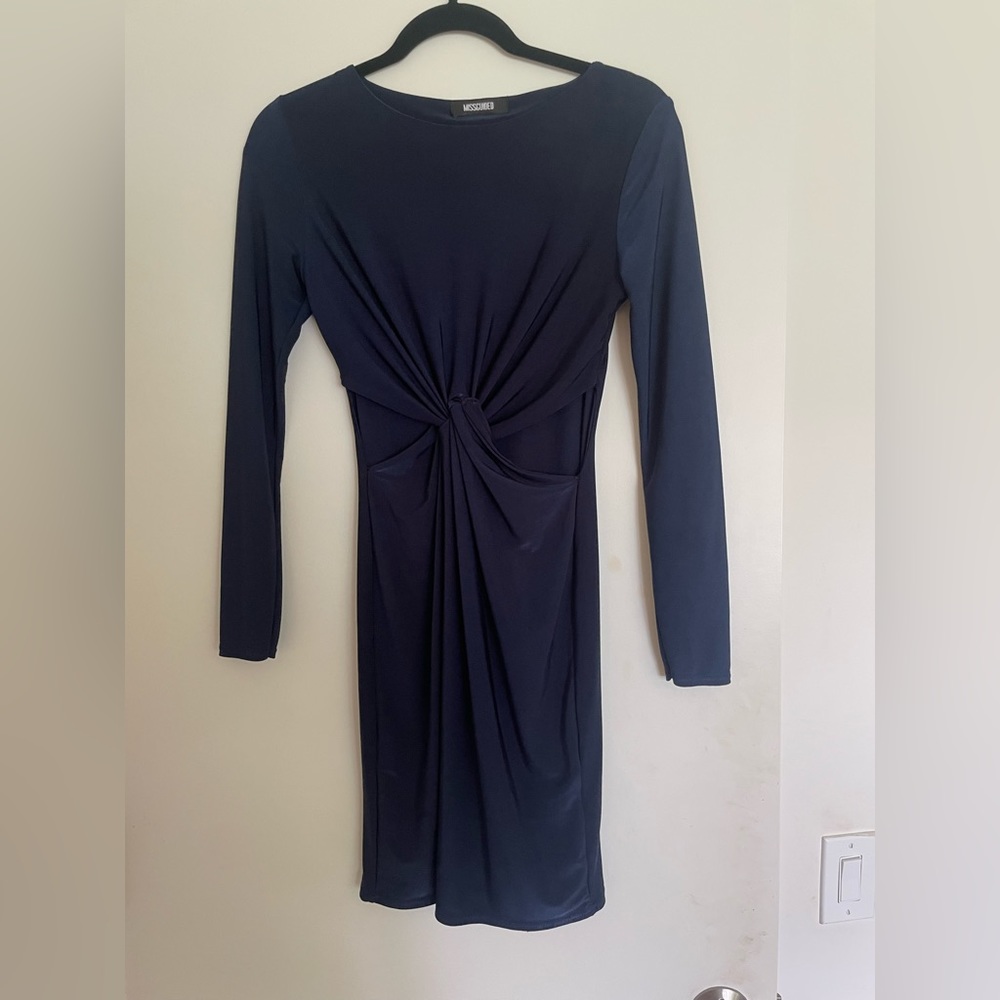 Navy Blue Long sleeve cocktail dress with front cutouts twists